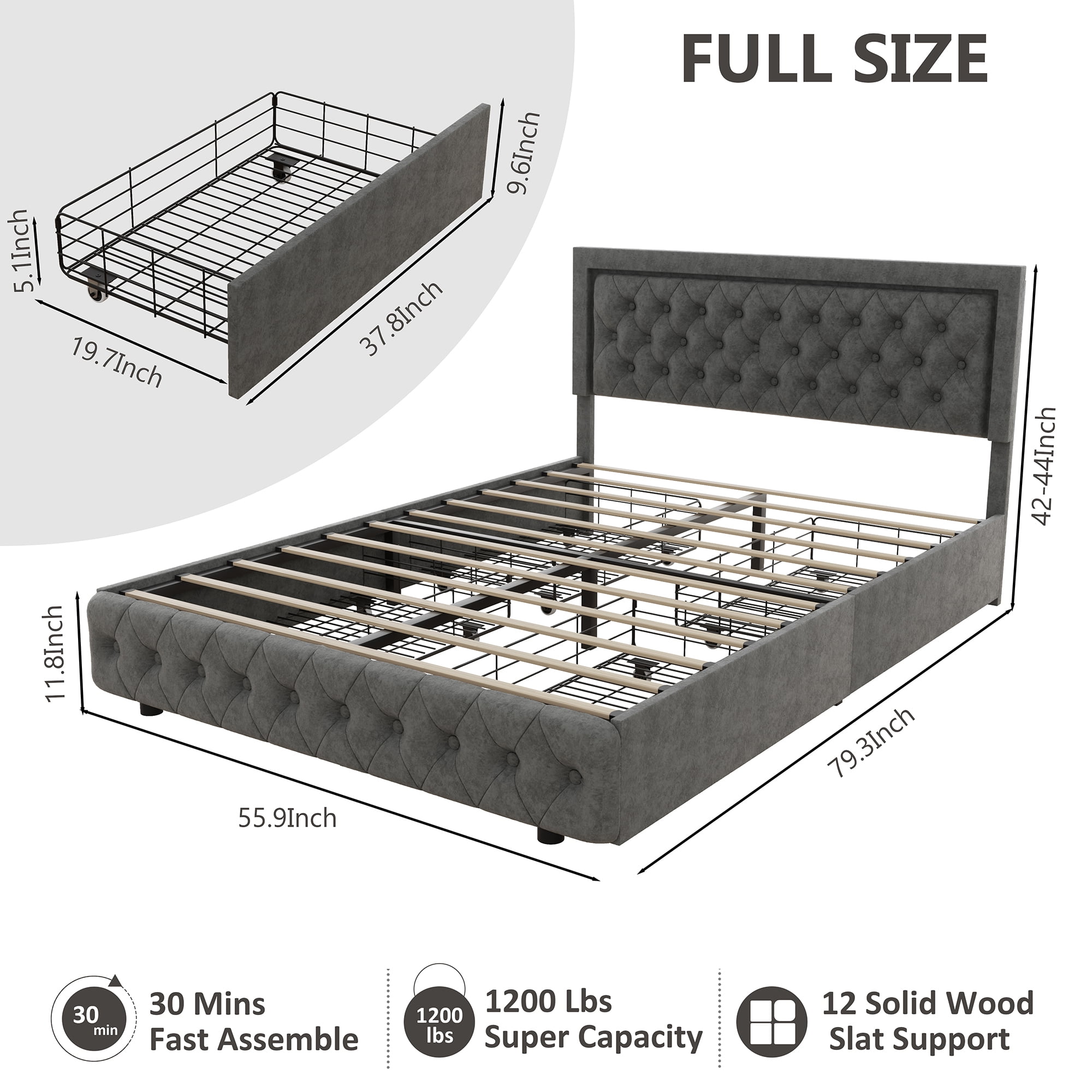 Full Bed Frame with 4 Storage Drawers, Upholstered Platform Bed Frame with Type-C & USB Ports, Adjustable Button Tufted Headboard, Mattress Foundation with Slats Support, No Box Spring Needed, Gray
