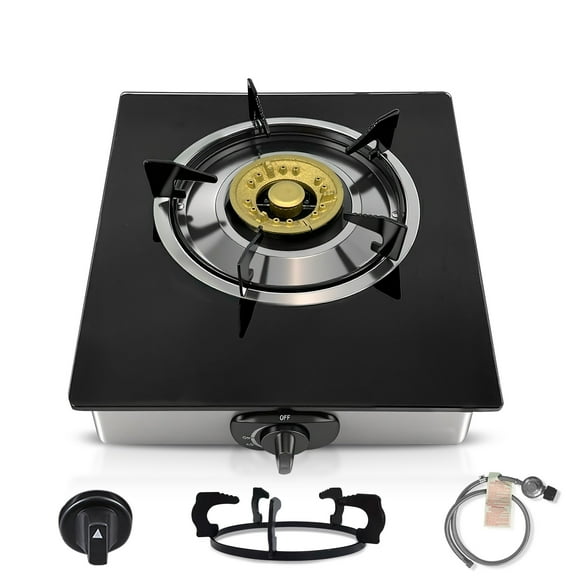 TIMVAGO Blue Flame Single Burner, Black Tempered Glass Panel, Metal Cooking Surface, LPG Gas Stove With Hose And Regulator, Perfect For Outdoor, Backpacking, Picnics, Kitchen, And More