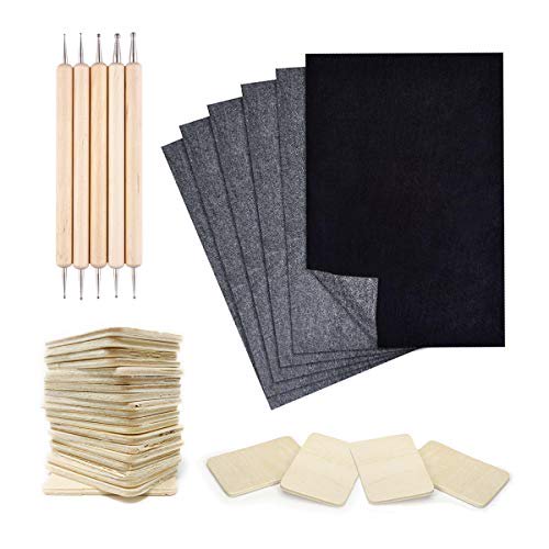 Pixiss 25 Sheets Carbon Transfer Paper, 5 Embossing Stylus Tool Set for Wood Tracing, 20x Rectangle Wood Pieces (2 x 1.4-inches) Wood Burning Bundle