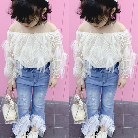 

Toddler Kid Baby Girl Summer Lace T Shirt Tops Destroyed Jeans Pants Outfits Set 2PCS Outfit