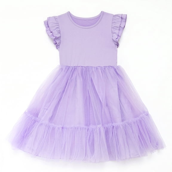 NIPAXO Girls Tulle Tutu Dress Flutter Ruffle Sleeve Knit Patchwork Tiered Mesh Princess Party Dresses for Toddler Little Girls Age 4-5 Years