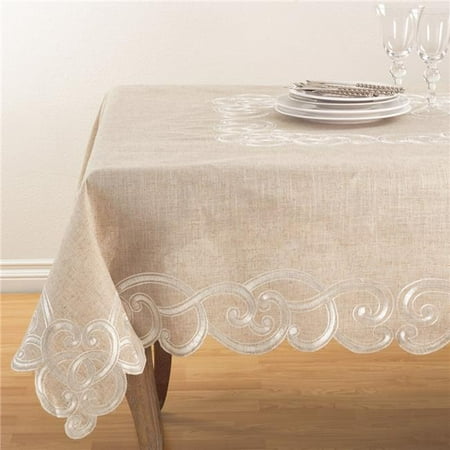 

SARO Embroidered Scallop Design Natural Linen Blend Tablecloth Natural