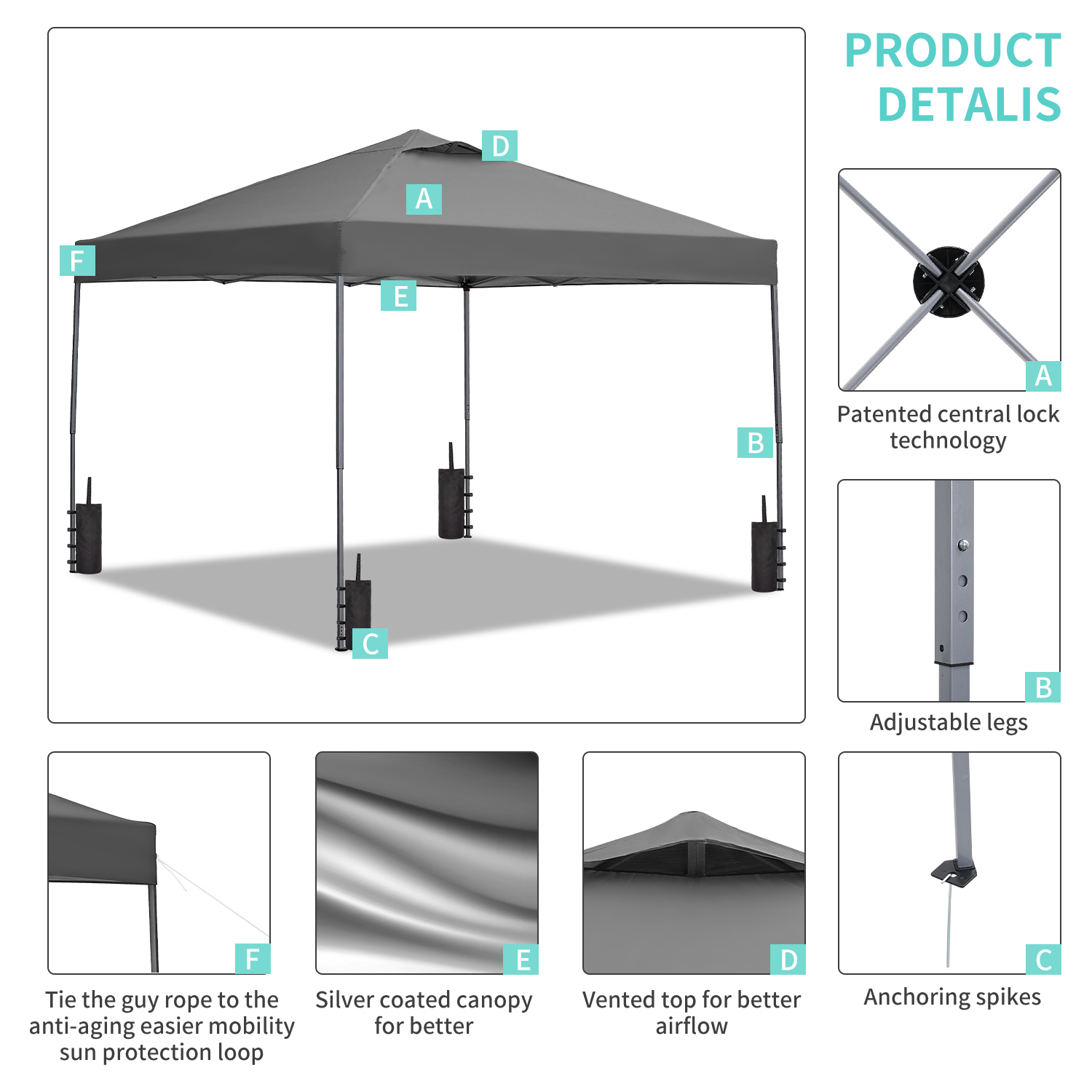 Outdoor Basic 10x10 Pop-Up Canopy with Sandbags, Gray photo 4