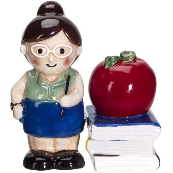 Ceramic Lady School Teacher And Red Apple Books Salt Pepper Shakers Figurine Set