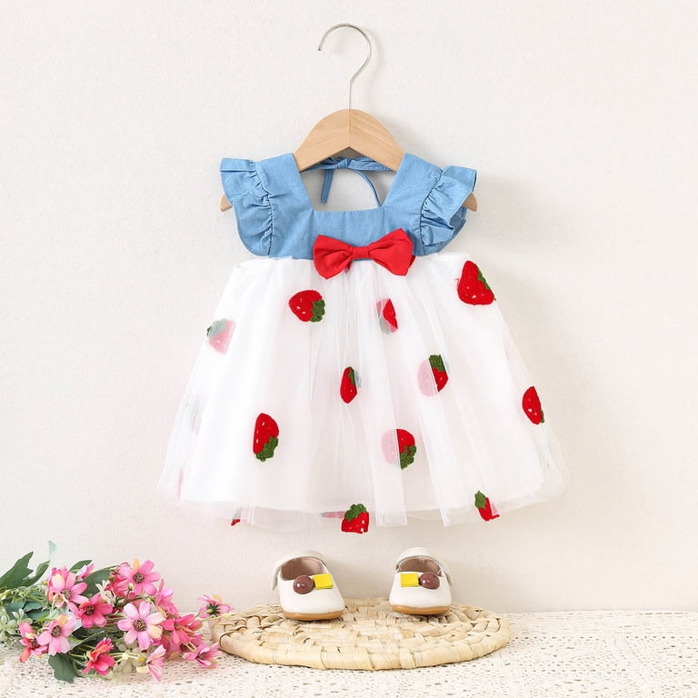 KDFJPTH Toddler Baby Girl Denim Mesh Patchwork Tutu Dress Summer Cute  Strawberry Print Sundress Jeans Dresses Size 3-4 Years - Walmart.com