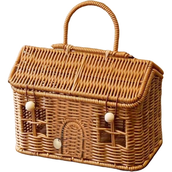 Rattan House Shaped Basket, Handmade Picnic Basket with Lid and Handle, Vintage Woven Shelf Organizer (Brown)