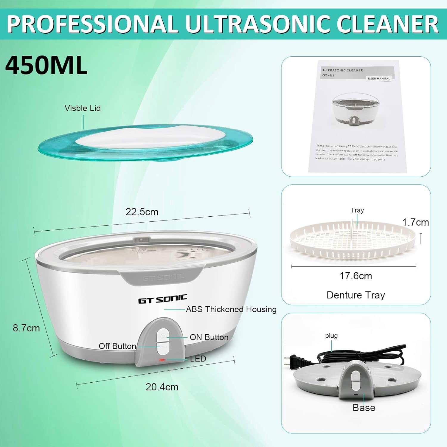 450ml Ultrasonic Cleaner for Dentures & Jewelry, 40kHz Dental Jewelry Cleaner with Tray & Handle, 5-Min Auto Shut-Off for Rings Glasses Watches