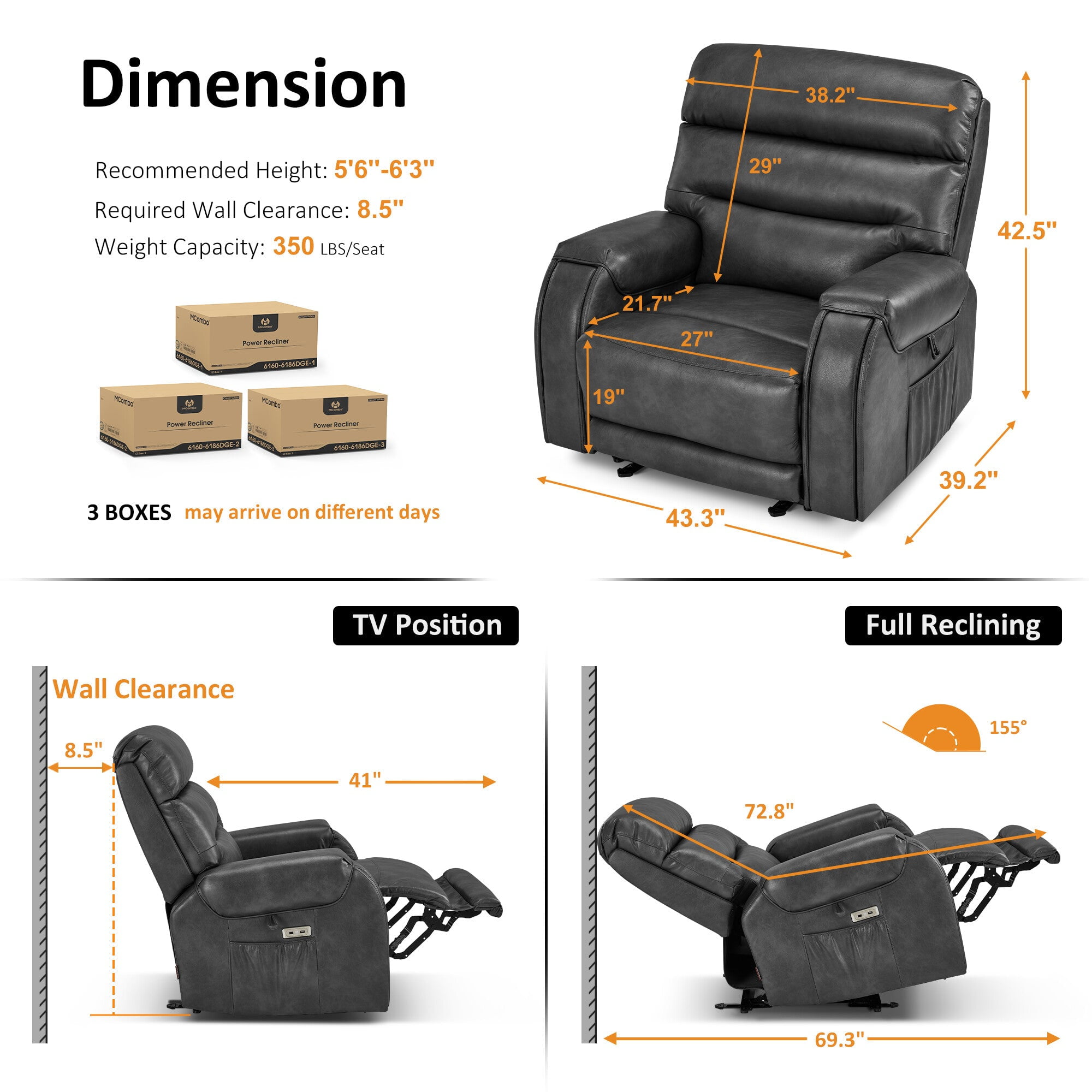 MCombo 27‘’ Extra Wide Oversized Power Recliner Chair for Big Tall Adults, Faux Leather, Dark Grey