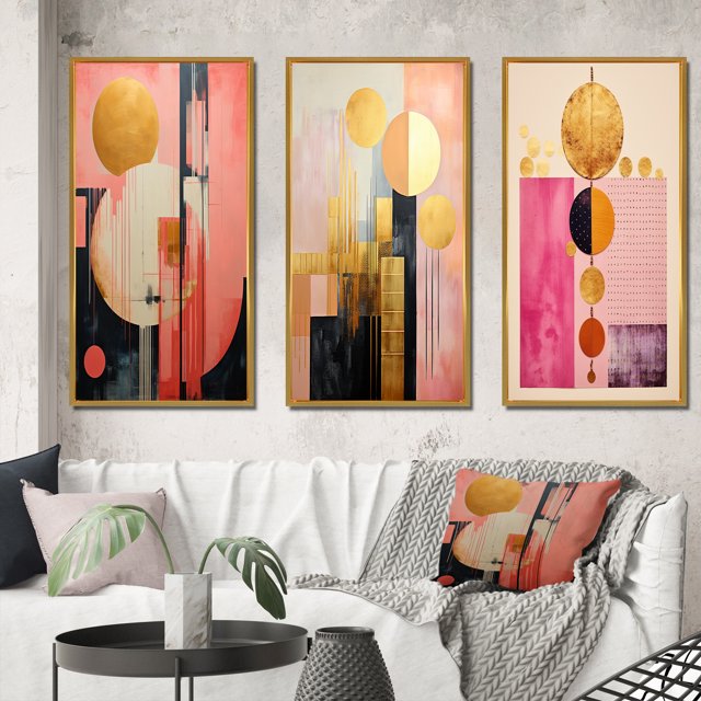 Designart "Serendipitous Circular Geometric Serenity VI" Modern Geometric Framed Wall Art Set Of 3 - Gold Abstract Frame Canvas Set For Living Room Decor