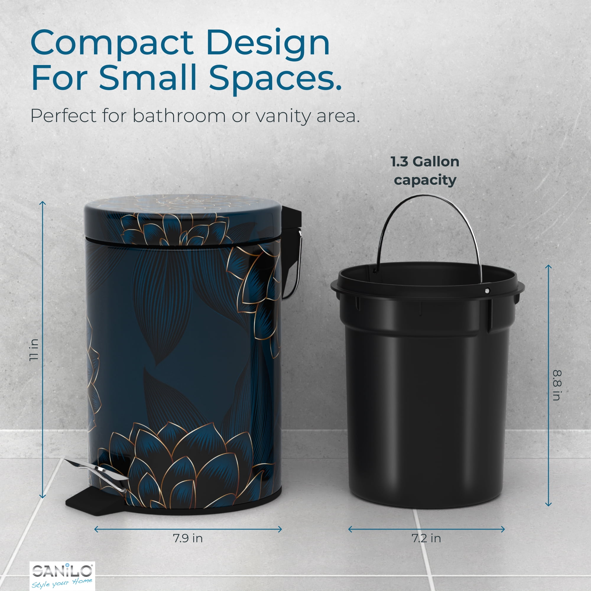 Sanilo Trash Can 1.3 Gallon with Soft Close, Many New Cosmetic and Kitchen Waste Bins Available, Bathroom Bin with Inner Bucket (Dahlia)