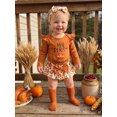 thumbnail image 6 of RUINIXCW Baby Girls Thanksgiving Outfits Flying Sleeve Letter Print Romper Turkey Print Tiered PP Shorts Headband Leg Warmers Sets, 6 of 9