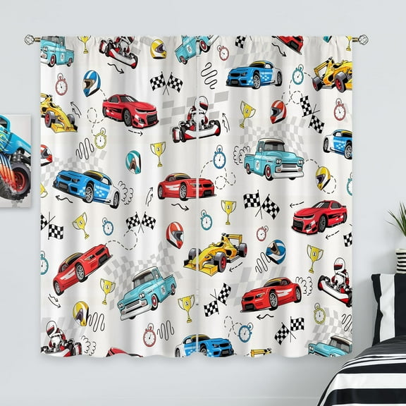 Race Car Curtains for Kids Bedroom 42Wx63H Inch Rod Pocket Boys Curtains Cool Cartoon Red Blue Car Flag Art Printed Toddler Nursery Children Living Room Playroom Window Drapes Fabric 2 Panels