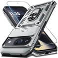 thumbnail image 1 of KOMI Case Compatible with Google Pixel 9/9 Pro Built in Slide Camera Lens Cover+Screen Protector+Finger Ring Holder Kickstand,Heavy Duty Shockproof Full Body Protective Phone Cover, Silver, 1 of 5