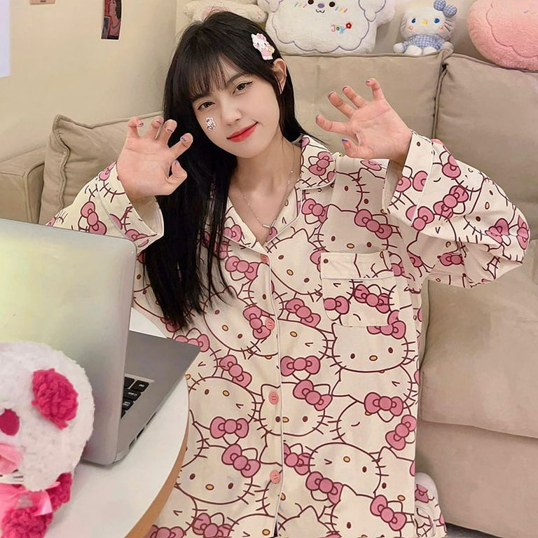 Kawaii Anime Hello Kitty Sanrioed Cute Cartoon Pajama Three Piece Summer  Short Sleeve Pants Plus Size