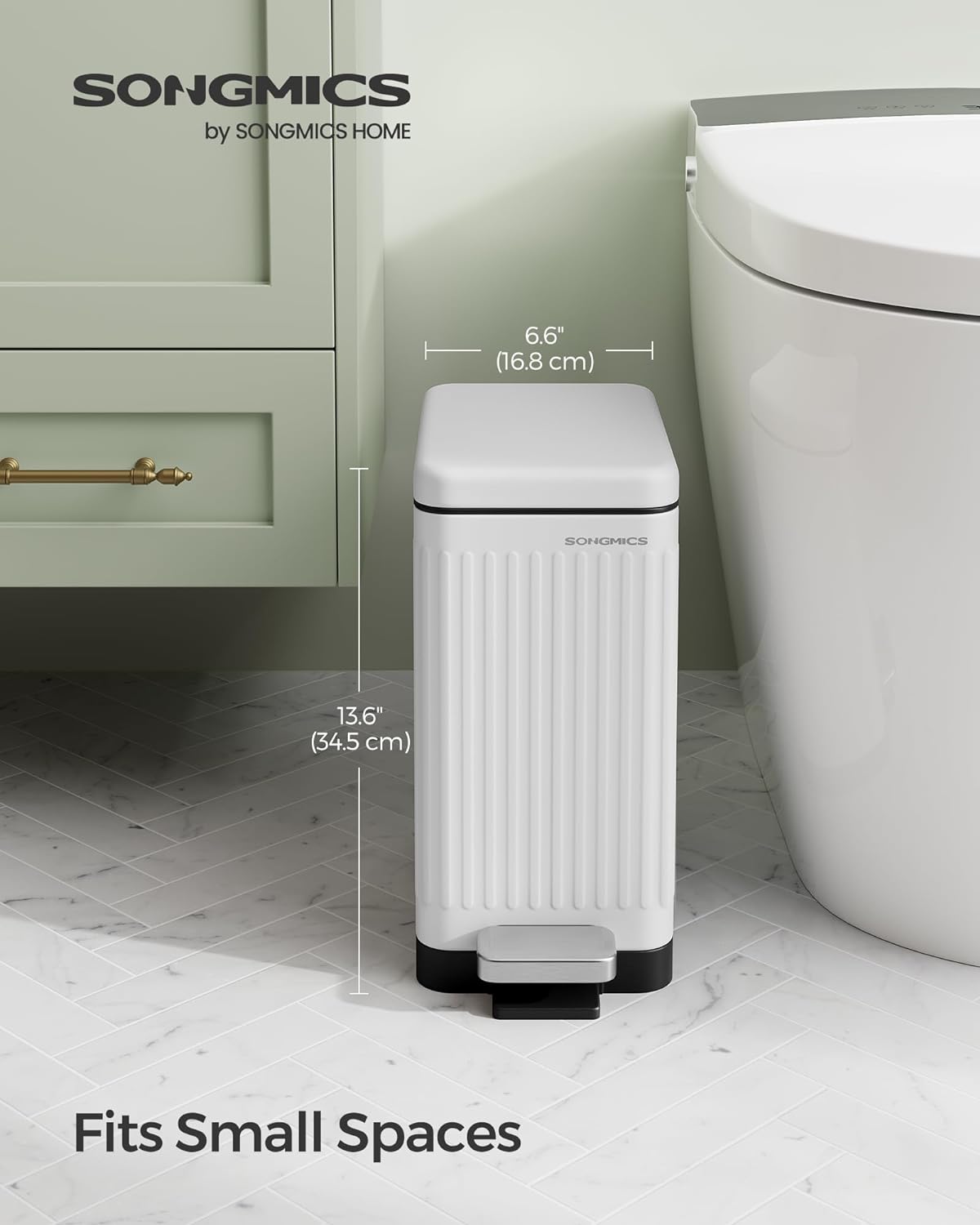 Bathroom Trash Can, 2.6-Gallon (10 L) Trash Bin with Lid, Slim for Small Spaces, Stainless Steel Garbage Can, Soft Close