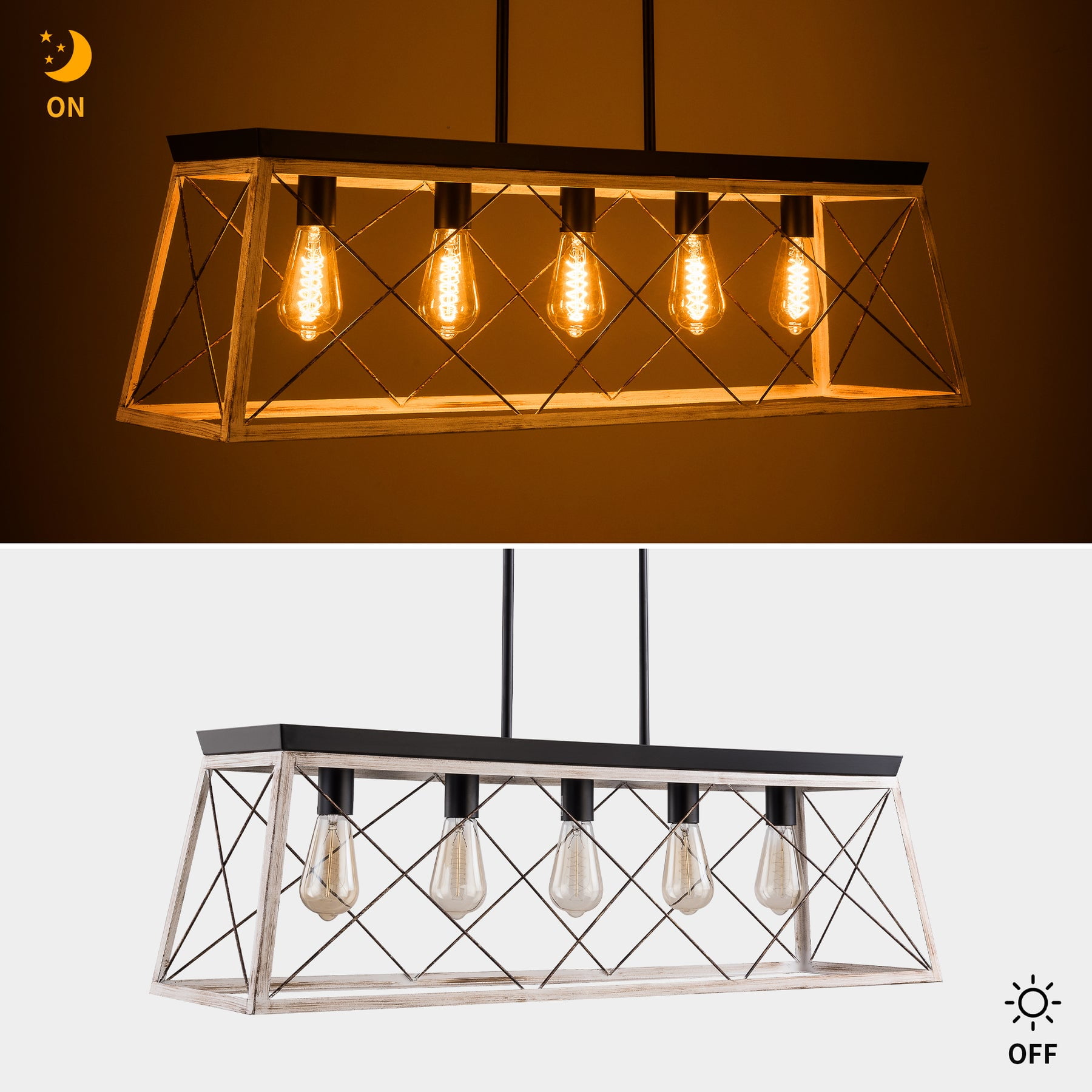UHG 5-Light Farmhouse Chandelier for Kitchen Island, Rustic Rectangular Flush Mount Ceiling Light Fixture for Living&Dining Room, Height Adjustable Metal Pendant Lighting for Bedroom Hallway