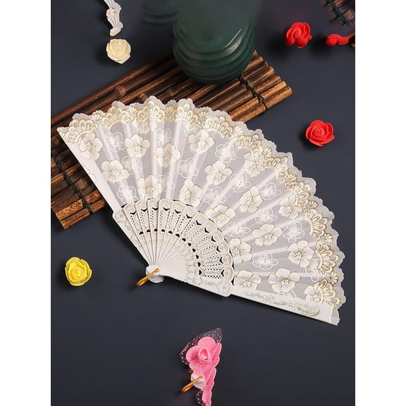 Elegant Gold Floral Folding Hand Fan - Vintage Lace Fabric Fan for Wedding & Party (White)