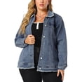 thumbnail image 1 of Women's Plus Size Denim Jacket Turndown Collar Chest Pocket Frayed Washed Crop Jean Jackets Blue 3X, 1 of 7