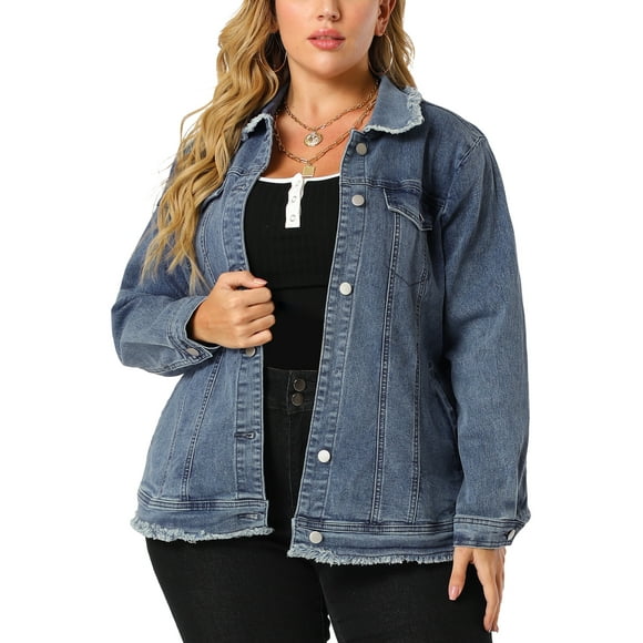 Women's Plus Size Denim Jacket Turndown Collar Chest Pocket Frayed Washed Crop Jean Jackets Blue 3X