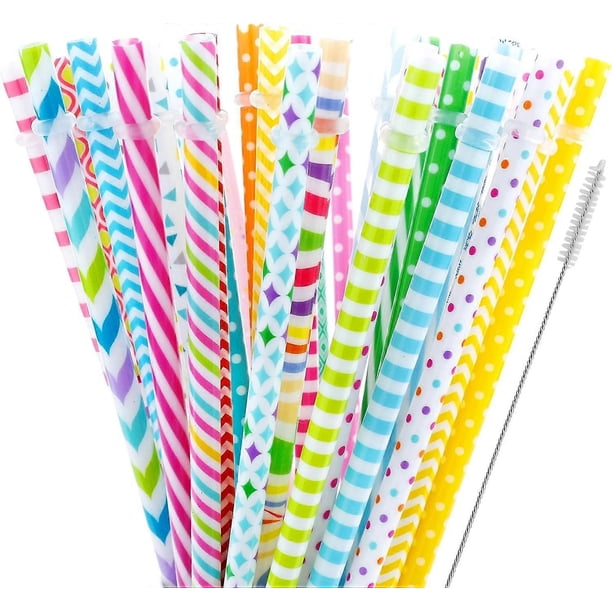 50 Pieces BPA Free Reusable Straws 9" Colorful Printing Hard Plastic Striped Drinking Straw for Mason Jar Tumbler Family or Party Cleaning Brush Inclu