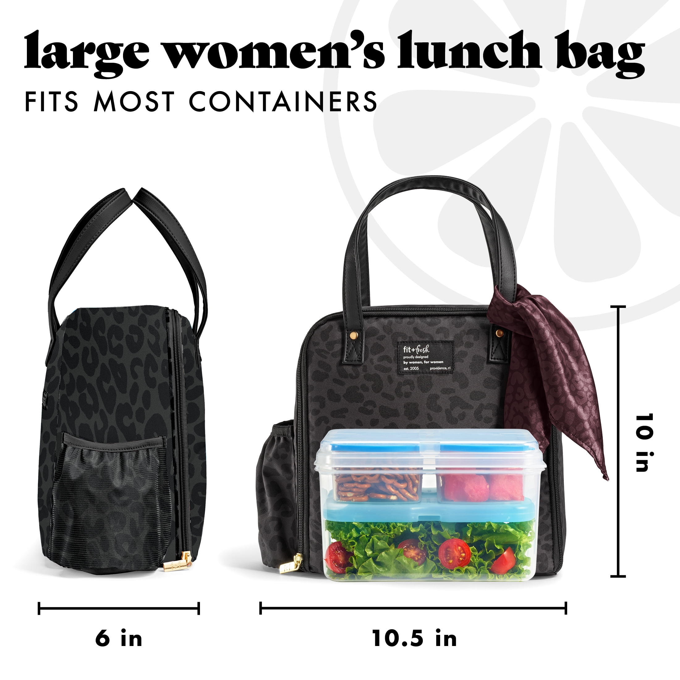 Fit & Fresh Wichita Women's Large Insulated Lunch Bag with Fashion Scarf, Cheetah Black