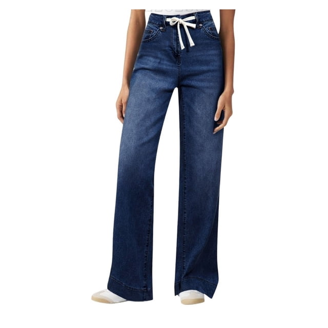 Vaqueros de pierna ancha for mujer, talle alto, holgados, pierna recta, pantalones de mezclilla elásticos, pantalones vaqueros elásticos con cordones y bolsillos