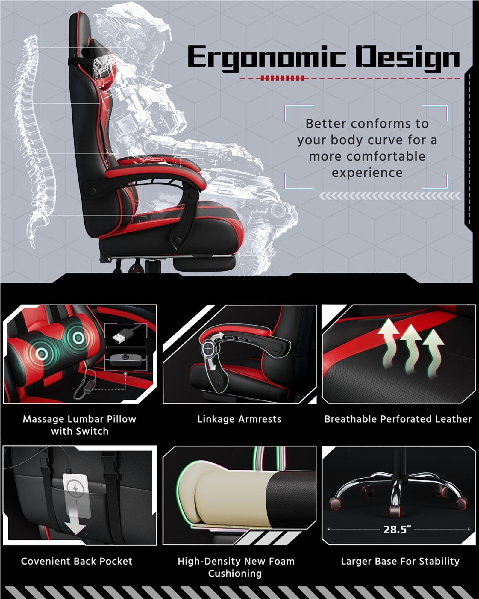Fullfurnique Ergonomic High Back Gaming Chair with Slide Out Footrest, Black/Red