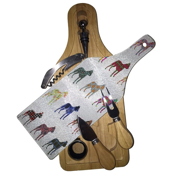 KuzmarK Wine & Cheese Glass Cutting Board Wood Box Gift Set - Pitbull Dog