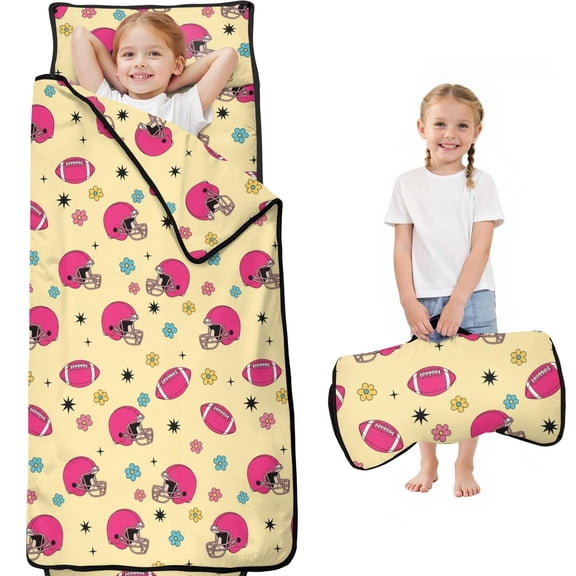 Football Flower Pink Pattern Toddler Nap Mat with Pillow & Blanket, Soft Sleeping Mat for Preschool Daycare Travel Sleepovers