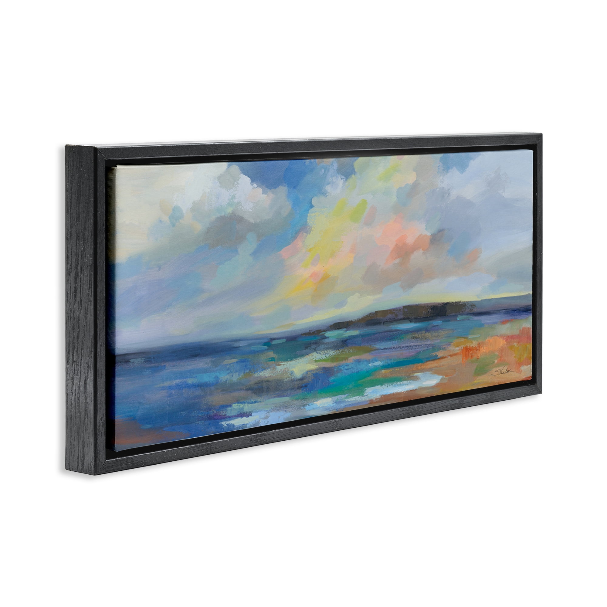 Stupell Industries Ocean Beach Sunset Landscape & Nature Painting Black Floater Framed Canvas Art Print Wall Art, 31 x 14