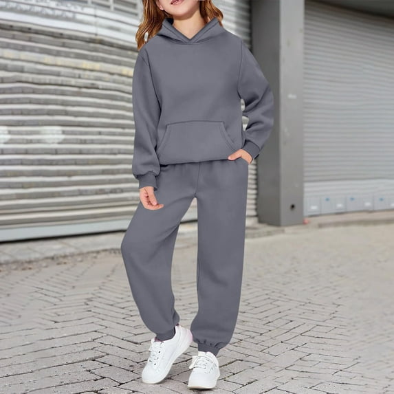 Girls 2 Piece Long Sleeve Hooded Sweatsuit Set, Twist Front Sweatshirt & Wide Leg Jogger Pants with Pockets, Soft Comfy Athletic Loungewear for Toddler Youth Kids