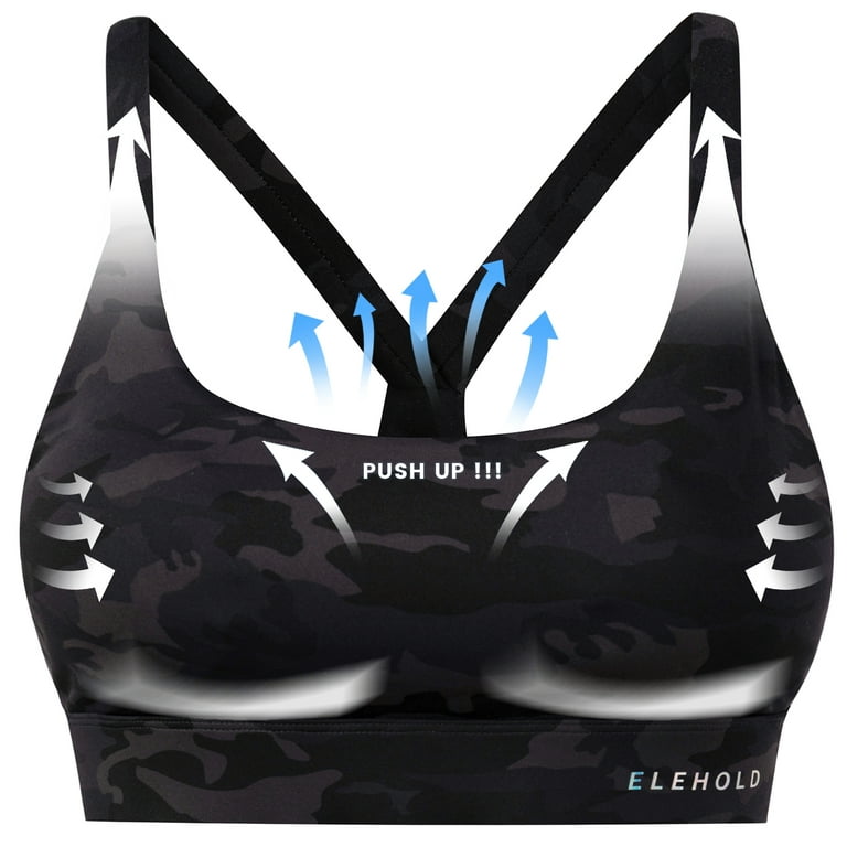 ELEHOLD Women Seamless Exercise Bra Padded Strappy Sports Bras  Nylon,Camouflage Black, Small 