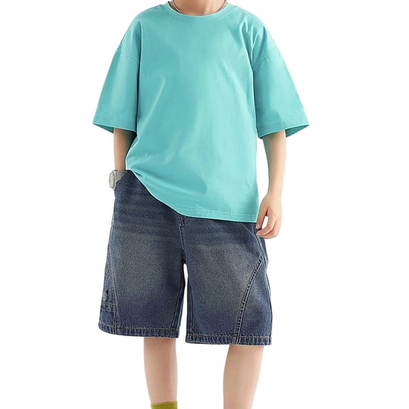 CAIXIA Boys Jeans Shorts Baggy Wide Leg Denim Shorts Knee Length Elastic High Waisted Baggy Jort Soft Cotton Relaxed Fit School Bermuda Shorts Streetwear Preppy Clothes