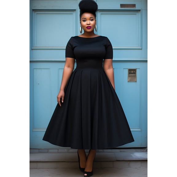 Plus Size Black Vintage Boat Neck Midi Dress, Short Sleeve 1950s Style Fit-and-Flare Swing Dress