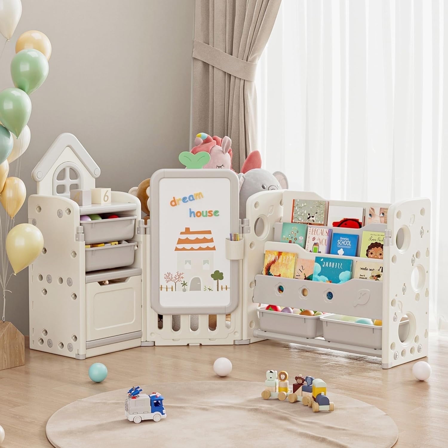 Kids Toy Storage Organizer with 10 Removable Bins, NEORIVER Foldable Toy Organizers and 3-Tier Bookshelf, White