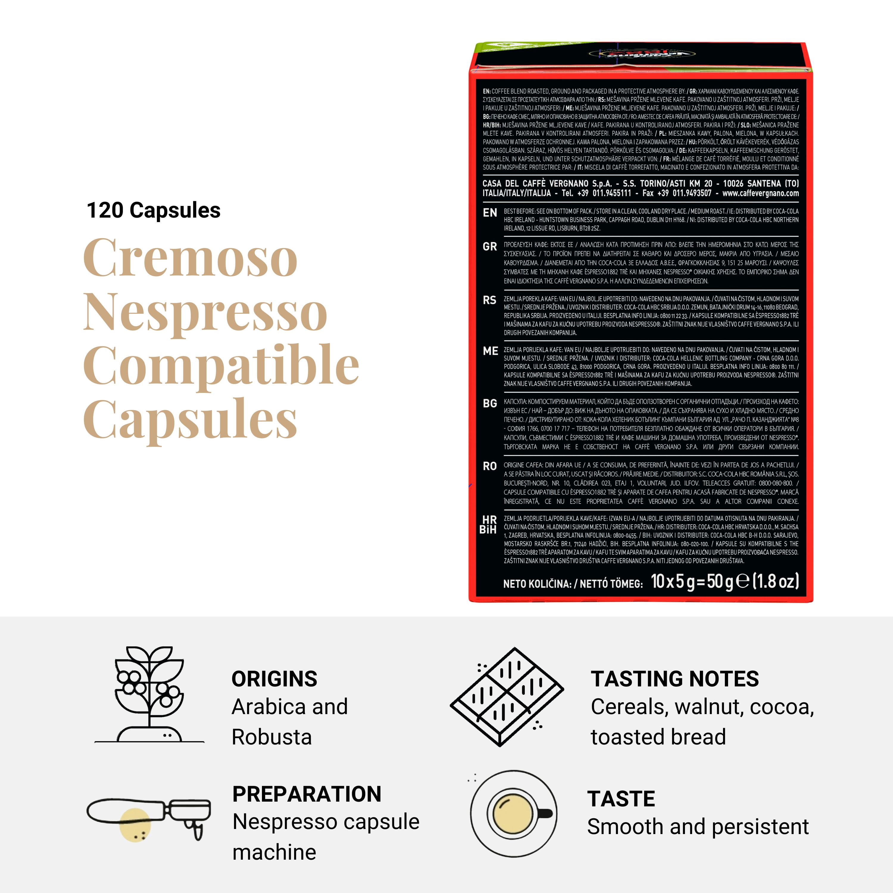 Caffe Vergnano Medium Roast Espresso Original Line Machine Compatible Capsules - Arabica Robusta Espresso Coffee, Italian Coffee Espresso For Nespresso Coffee Machine, Intensity 6/10 - Cremoso,120 Ct