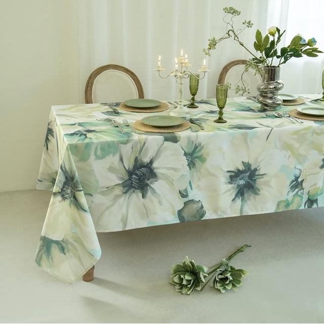 DIVA EN CAMINO DEC White Poppy 100% Polyester Rectangular Water Resistant Tablecloth, 60x84 Inch - Summer Floral Table Cover