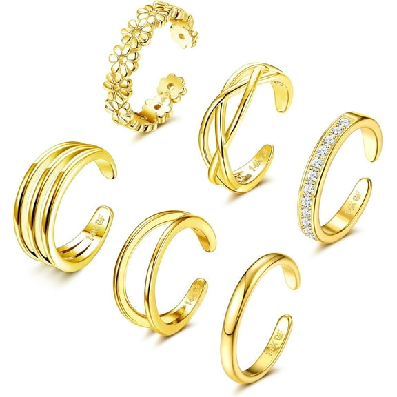 6Pcs 14K Gold Filled Toe Rings Adjustable Toe Ring for Women Cubic Zirconia Flower Heart Chain Open Toe Rings Summer Beach Foot Jewelry