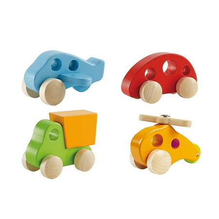 Wooden Toy Truck - 4 Piece Wooden Toys Set with Toy Car Airplane Truck and Helicopter Wood Push Toys