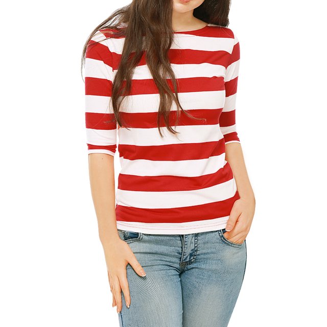 INSPIRE CHIC T-Shirts à Rayures pour Femmes Fête des Mères Coupe Ajustée Manches au Coude Col Bateau T-Shirt L Rouge
