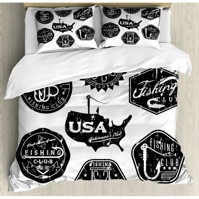 Fishing Theme Duvet Cover Set King Size, Vintage Grunge American Marine Club Designs and Symbols Motif, Decorative 3 Piece Bedding Set with 2 Pillow Charcoal Grey and White, by Ambesonne - Walmart.com