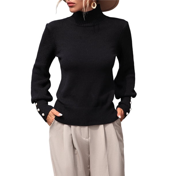 Suéteres de Cuello Alto para Mujer, Suéteres de Punto con Mangas Abullonadas para Otoño e Invierno Negro L