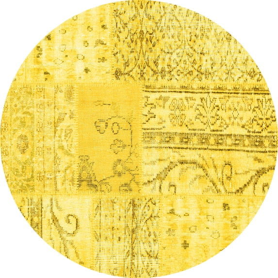 Ahgly Company Machine Washable Indoor Round Patchwork Yellow Transitional Area Rugs, 8' Round