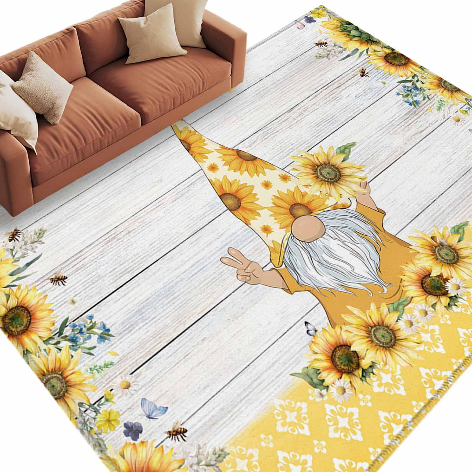 Sunflower Area Rugs Collection 5 x8 Gnomes Farmhouse Summer Botanical Wooden Non Slip Indoor Rectangle Throw Runner Rug Floor Mat Carpet for Living Room Dining Table Bedroom Nursery
