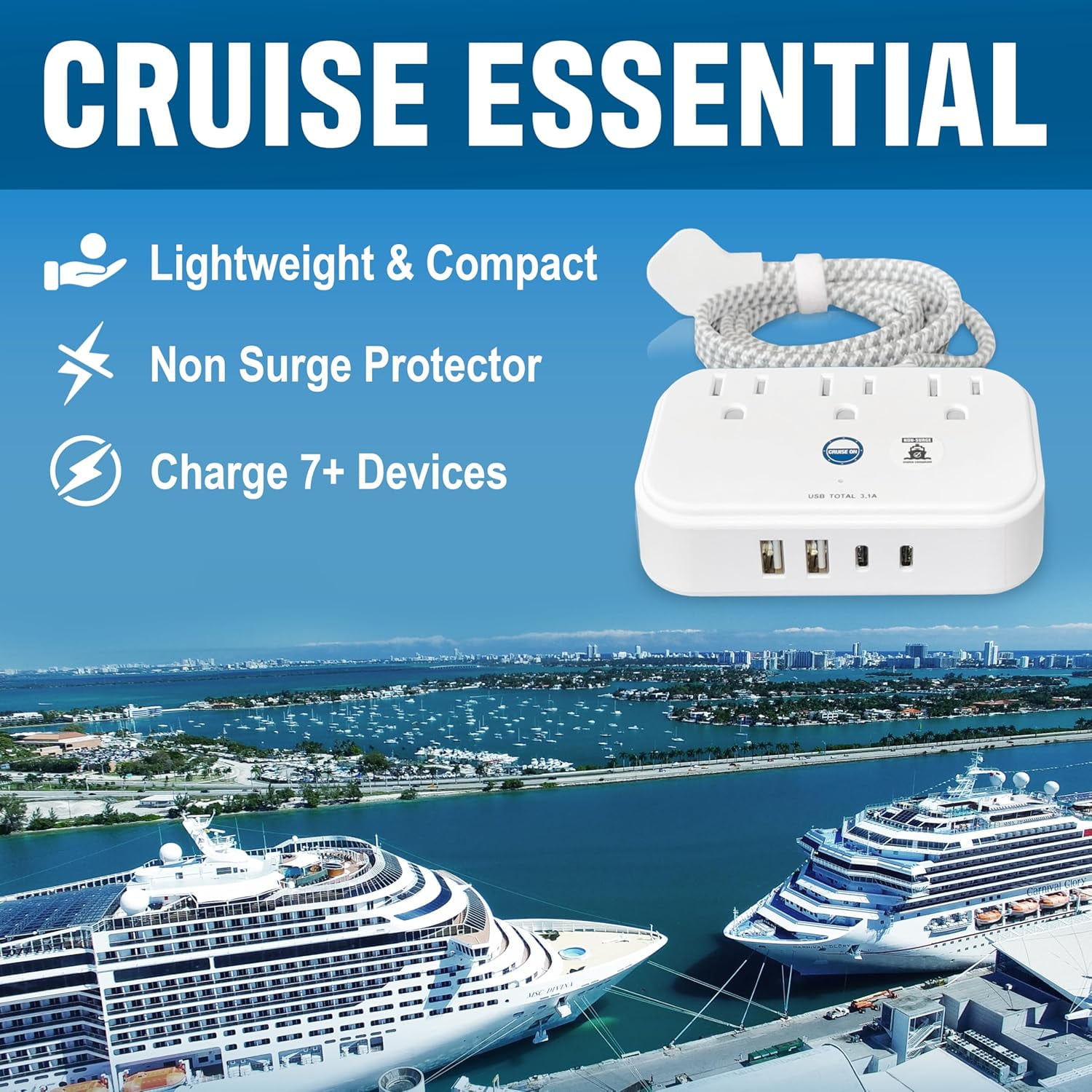 Cruise Approved Power Strip Non Sur Protector with 3.3 ft Travel Extension Cord and USB Ports [2 USB, 2 USB-C, 3 AC] Cruise Ship Essentials for Carnival, Princess, & Major Cruise Lines 2026 & 2027