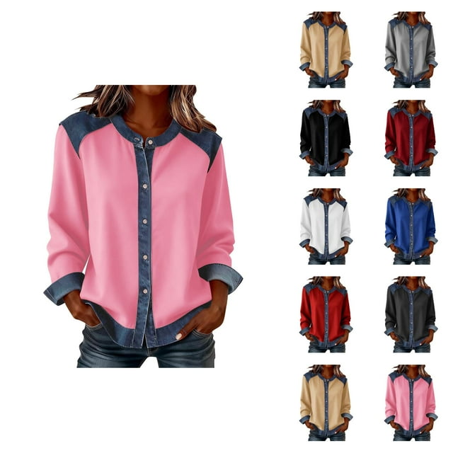 Chemises à Manches Longues pour Femmes Printemps 2026 Mode Col Rond Boutonné Patchwork en Denim Chemise Décontractée Blouse Haut