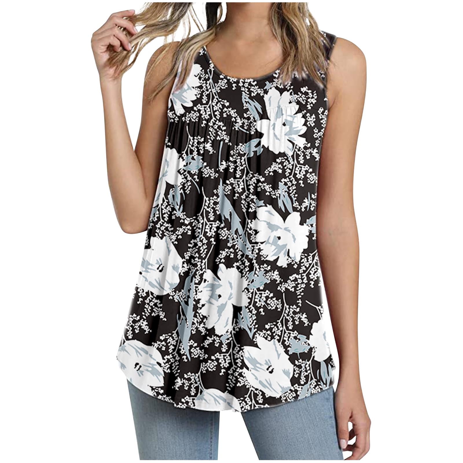Womens 2023 Summer Floral Tank Tops Sleeveless Round Neck Pleated Tunic