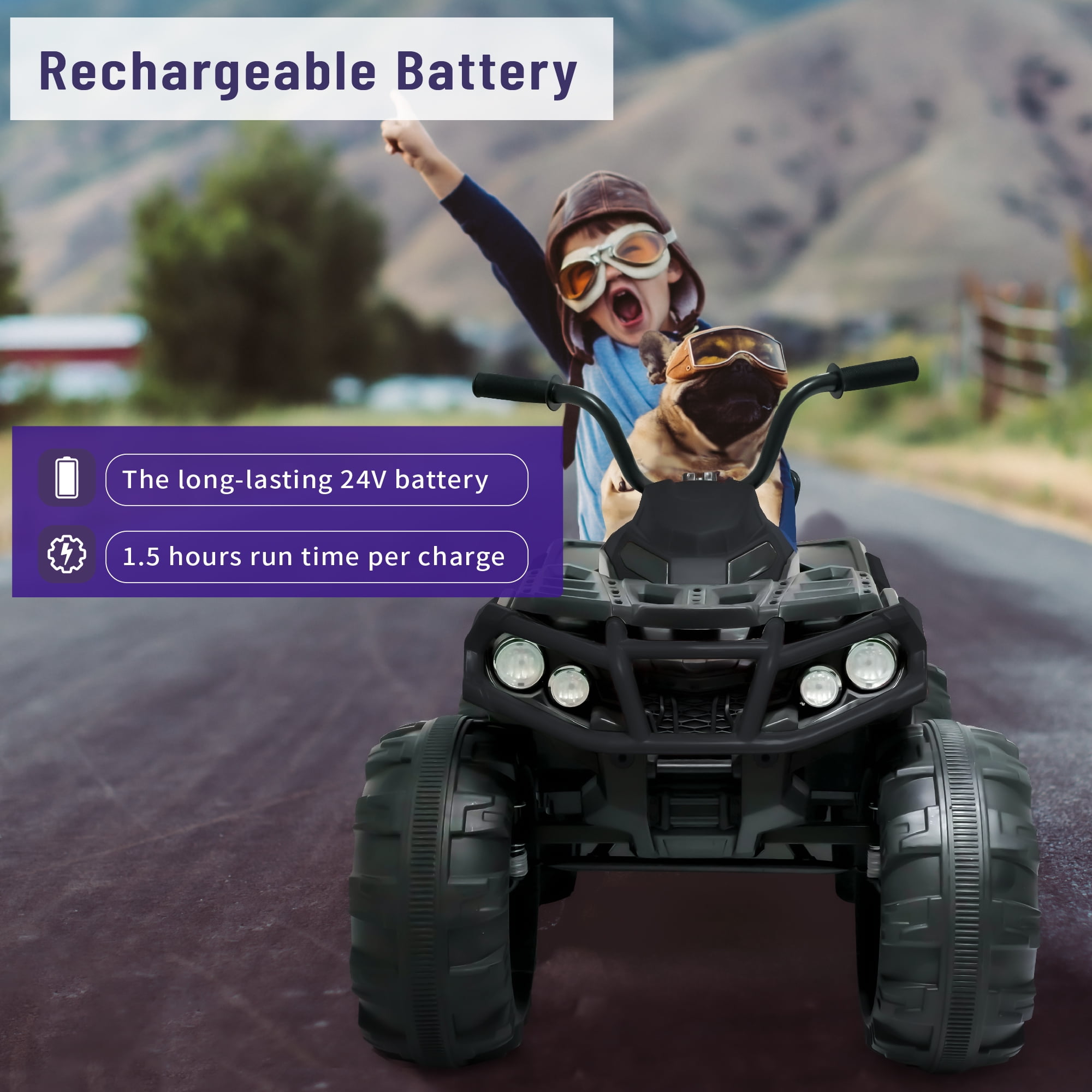 BKIRNP Pink 24V Kids Ride-On ATV Off-Road Quad Car 5mph Electric Car with 2 Speeds and Bluetooth Music