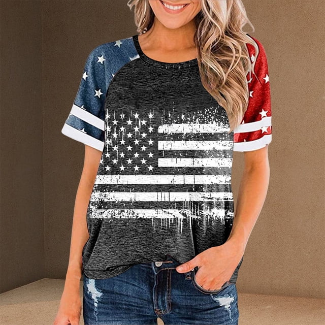 YLHFASHION Hauts pour Femmes Mode Manches 3/4 Col Rond Chemises Décontractées Imprimé Tendance Blouses Plissées T-Shirts Économies de Printemps Liquidation T-shirt Manches Courtes pour Femmes