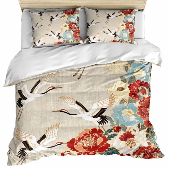 Japanese Style Bedding 3 Piece Duvet Cover Set Full Size, Country Vintage Blossom Peony Birds Soft Microfiber Comforter Cover with Zipper Closure & Pillowcases, Wrinkle & FadeResistant Quilt Cover